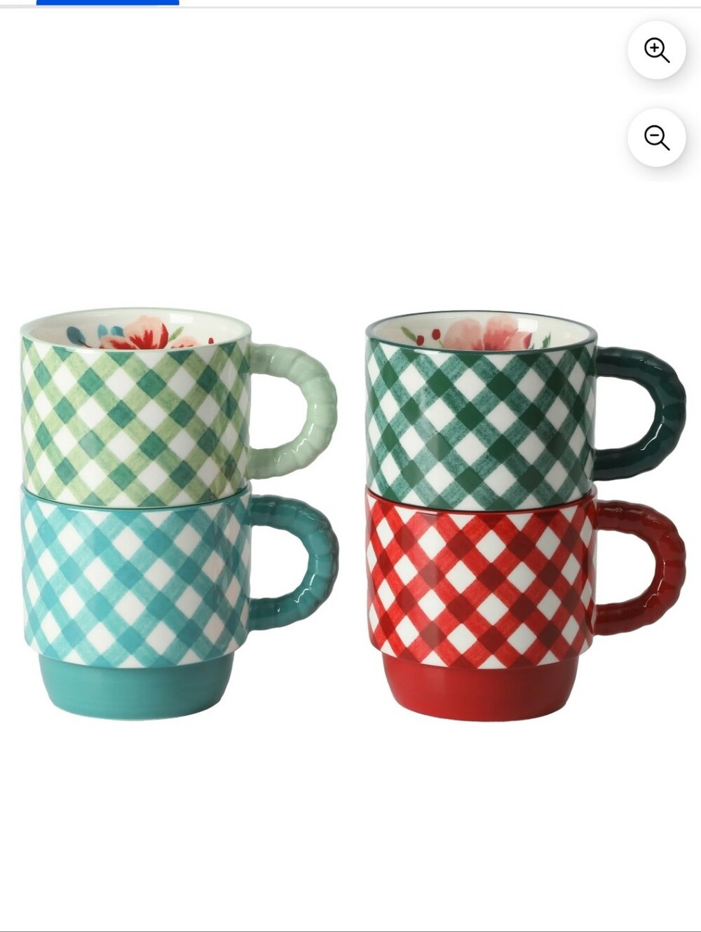 New The Pioneer Woman Gingham Ceramic Mug with Floral Interior 4 Piece Set